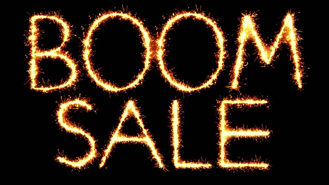 Boom sale text sparkler writing with glitter sparks particles firework on black 4k loop background