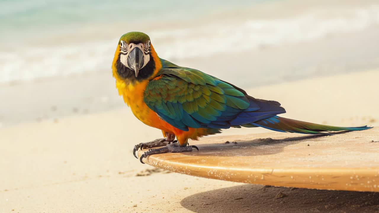A Vibrant Parrot Perched on a Surfboard at the Beach, Showcasing Its Colorful Feathers Against a Tranquil Seaside Backdrop and Soft Sandy Shore
