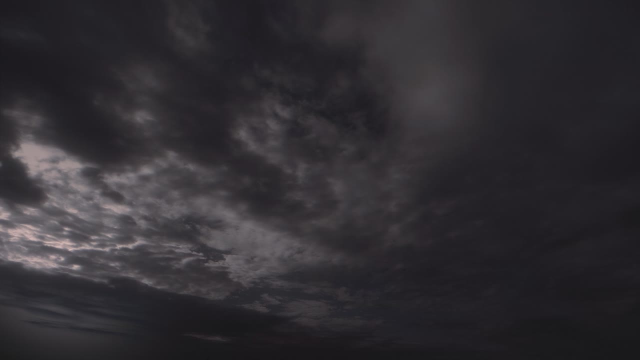 Wide shot of gloomy, layered storm clouds covering the sky. Atmospheric background for sad, dramatic, or horror scenes