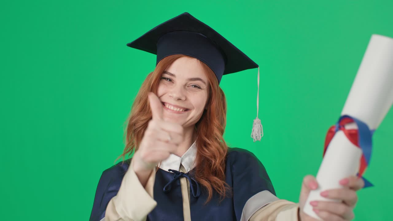 laureato sorridente in un berretto accademico e abito si rallegra alla laurea e bacia il diploma e indica verso l'alto guardando la telecamera su sfondo verde, chiave croma
