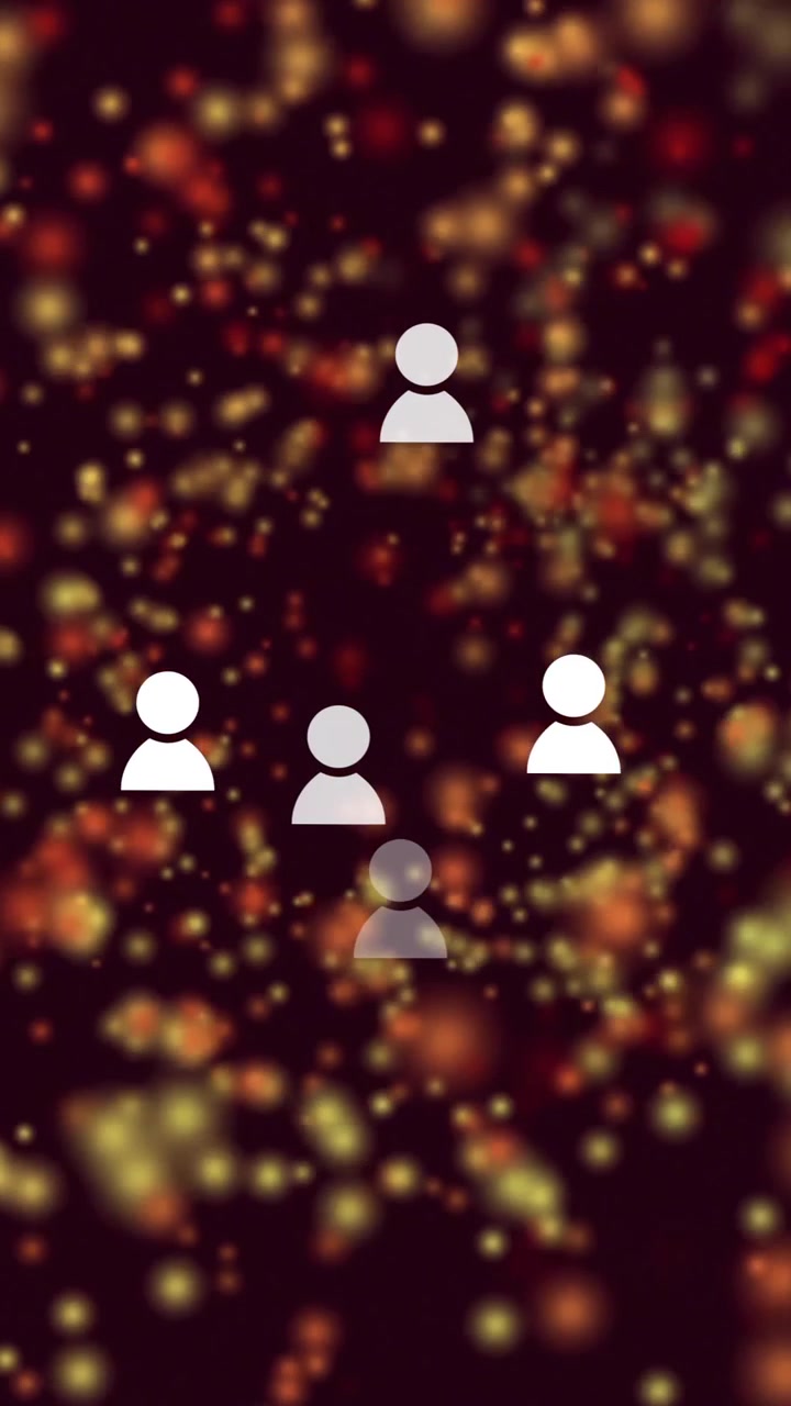 Animation of business profile icons and multicolored particle against black background