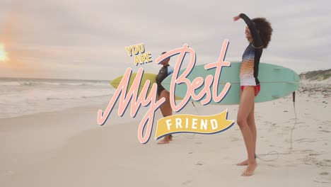 animation of my best friend text over happy diverse female friends with surfboards