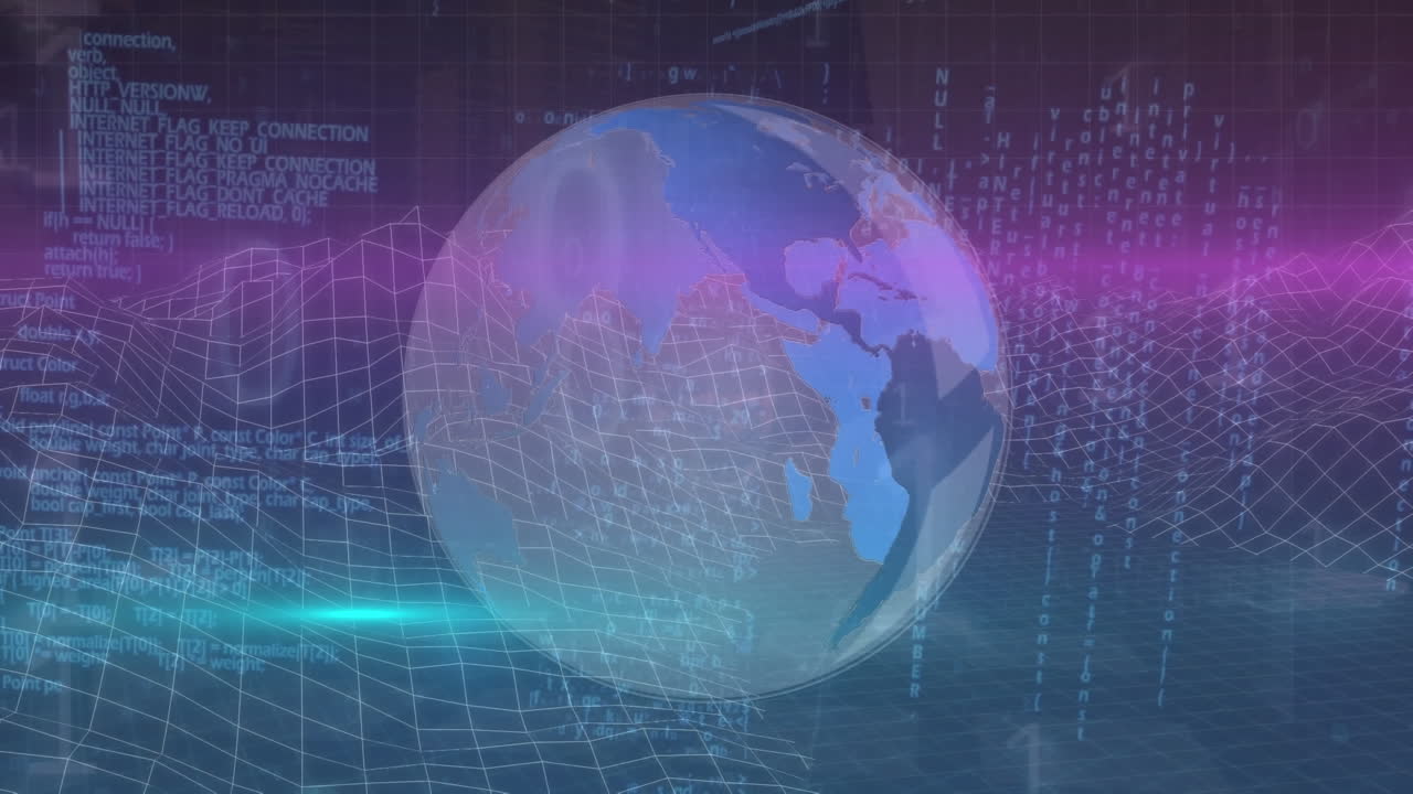 Animation of binary codes, lens flares, computer language and globe against 3d model of mountains