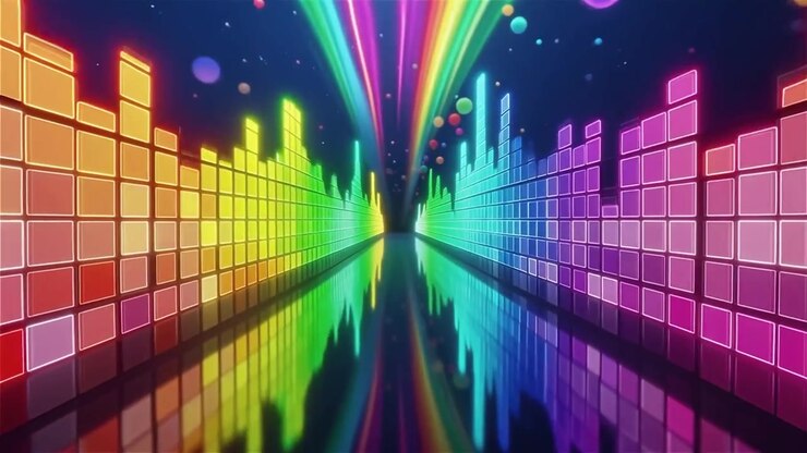 Sfondo visualizzatore equalizzatore musicale neon arcobaleno futuristico.