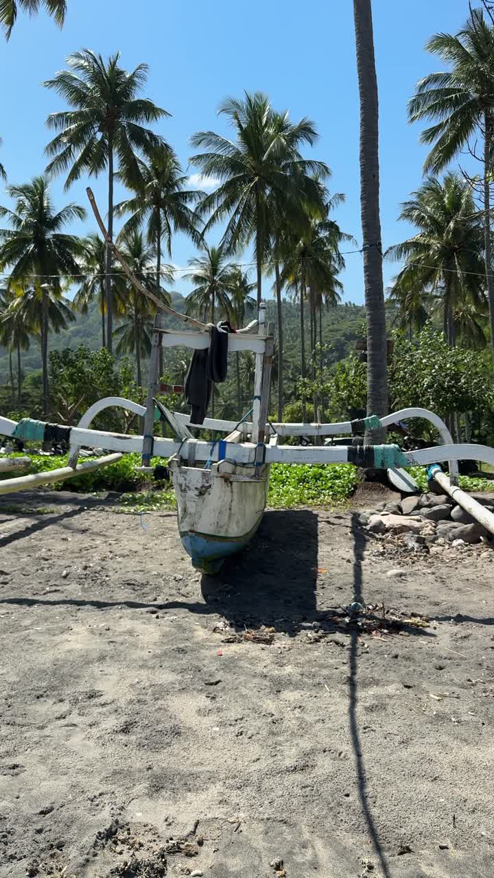 Piroga tradizionale con bilanciere su una spiaggia tropicale con palme.