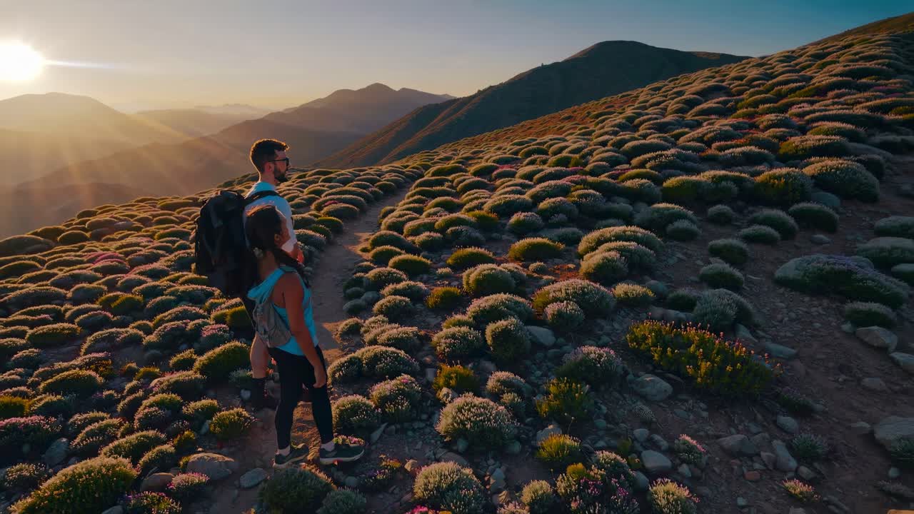 pareja de senderismo en el camino de la montaña al atardecer