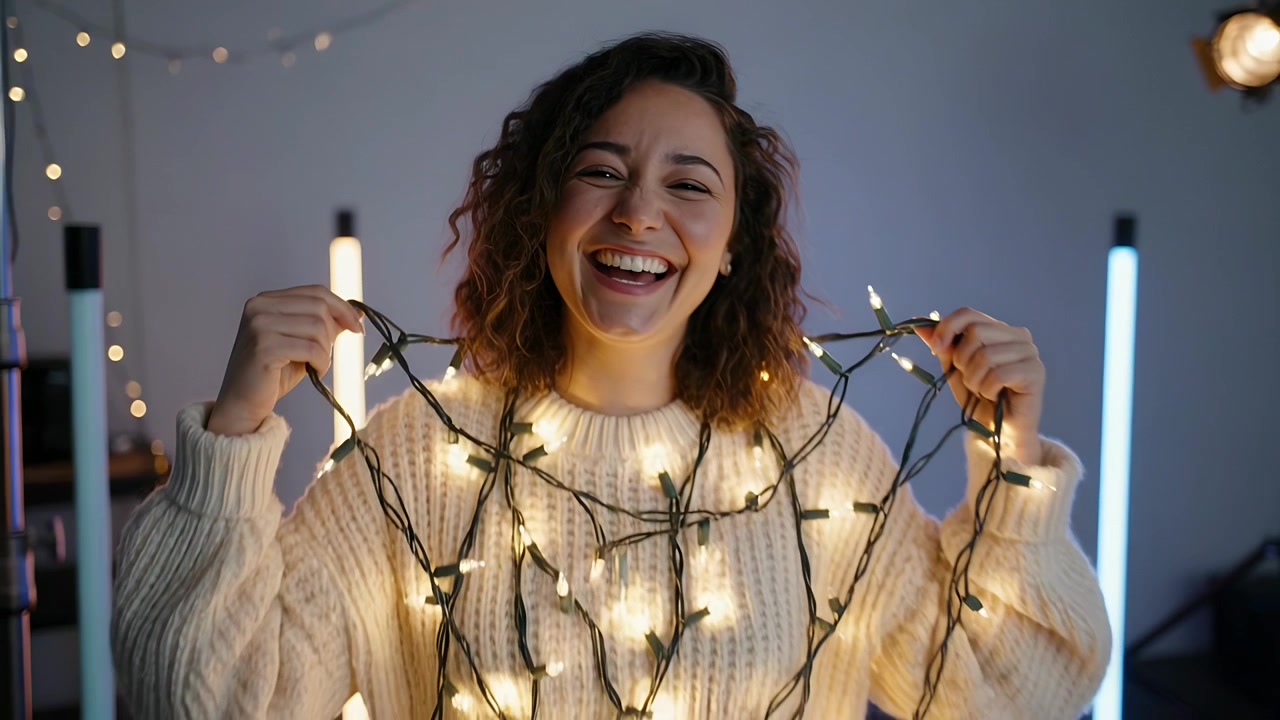 Pulling camera back, smiling woman adjusting warm fairy lights on cream sweater in set for portrait