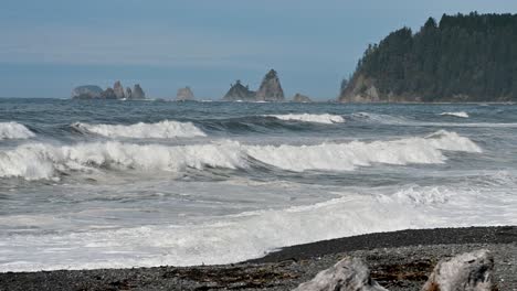 waves crash onto a rugged pacific northwest beach lined with driftwood and offshore sea stacks