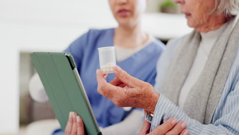 tablet, medication and nurse explaining to senior