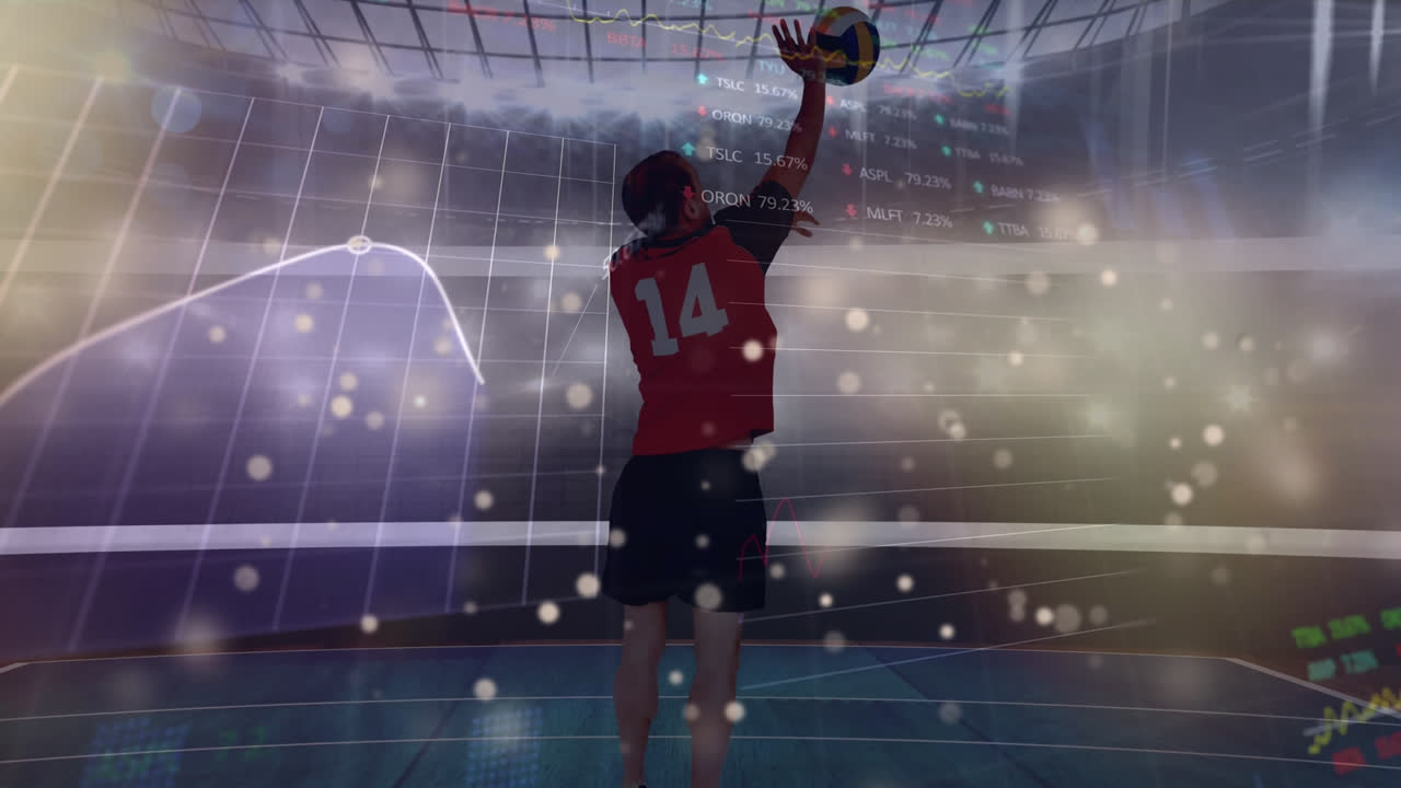 볼리볼 선수의 뒤쪽에서 조명과 금융 데이터의 애니메이션