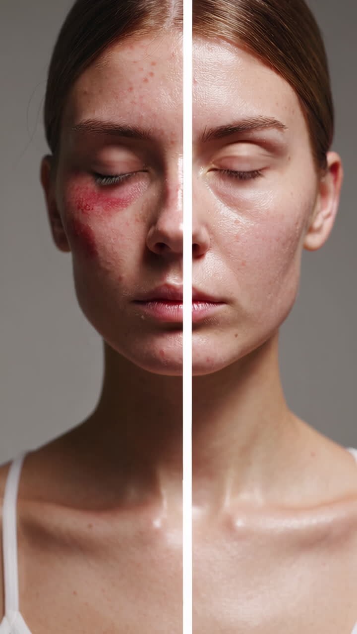 Woman's face before and after treatment for acne and redness
