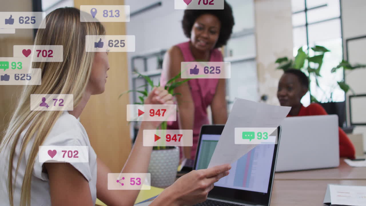 Animation of multiple notification bars over diverse coworkers discussing reports in office