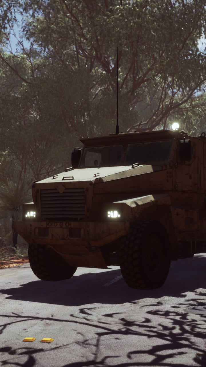 Camion militare blindato in un ambiente desertico
