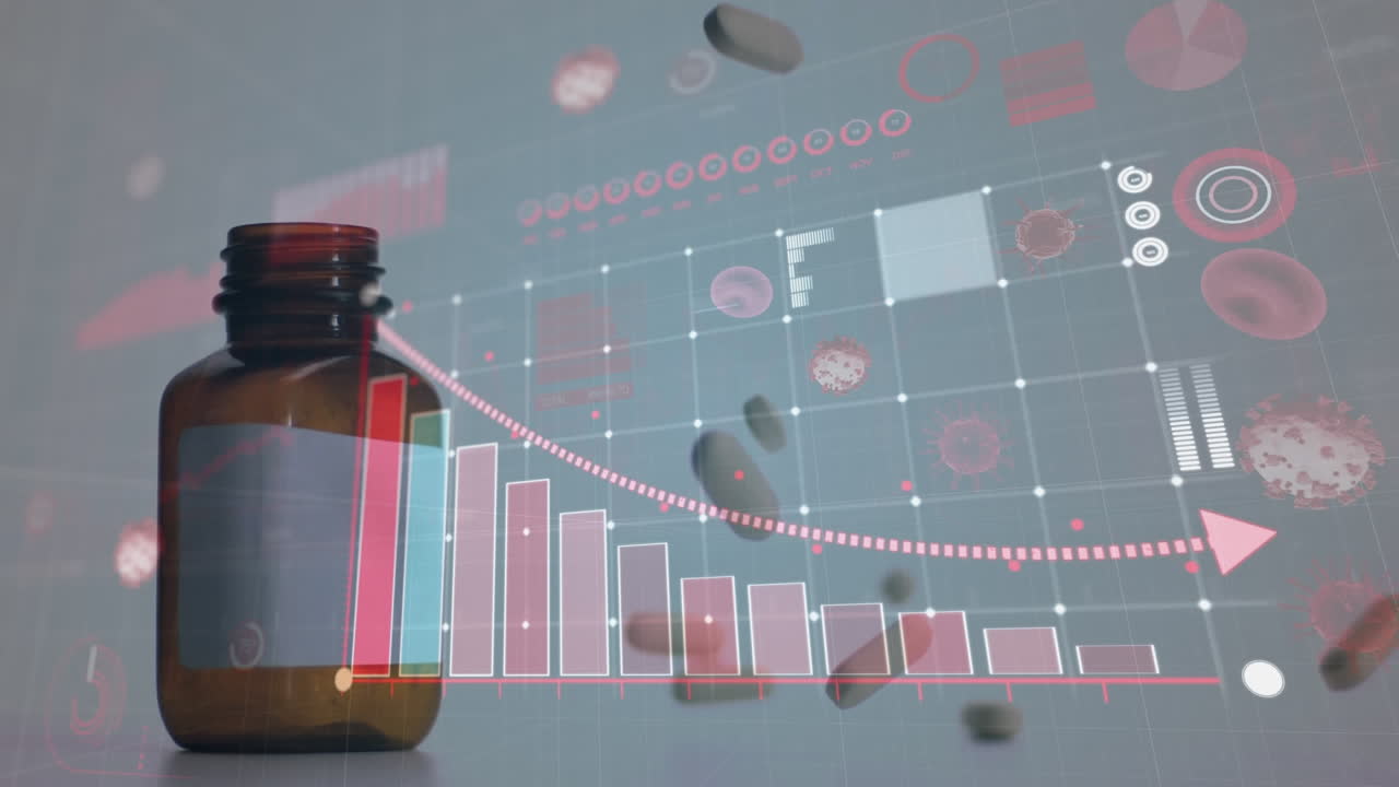 interfaz digital de coronavirus contra las píldoras que caen en la superficie blanca