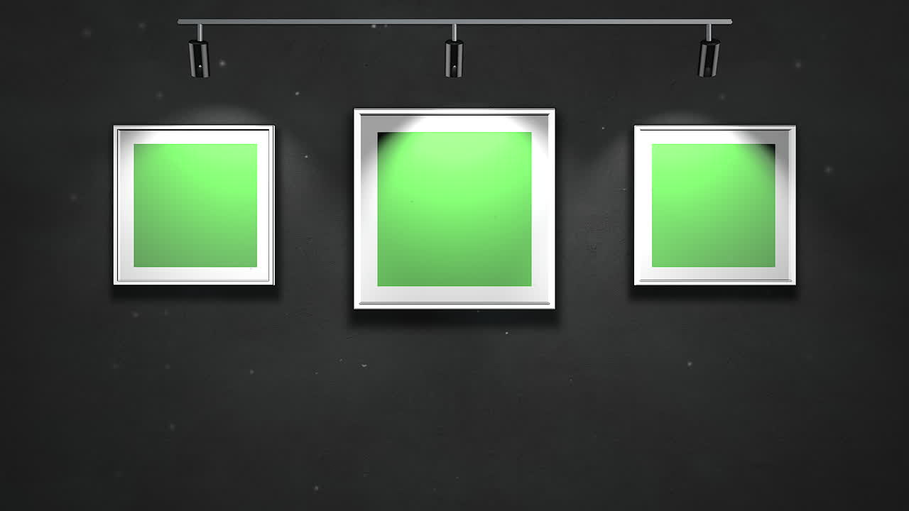 cámara de movimiento en galería de arte con imagen y marco moderno con fondo de arte de pantalla de maqueta verde 1