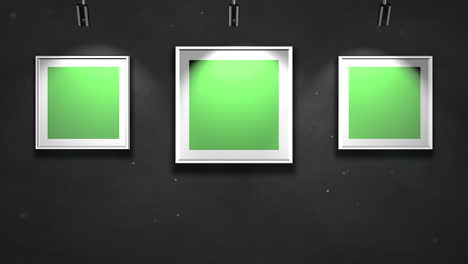 motion camera in art gallery with picture and modern frame with green mockup screen art background 1