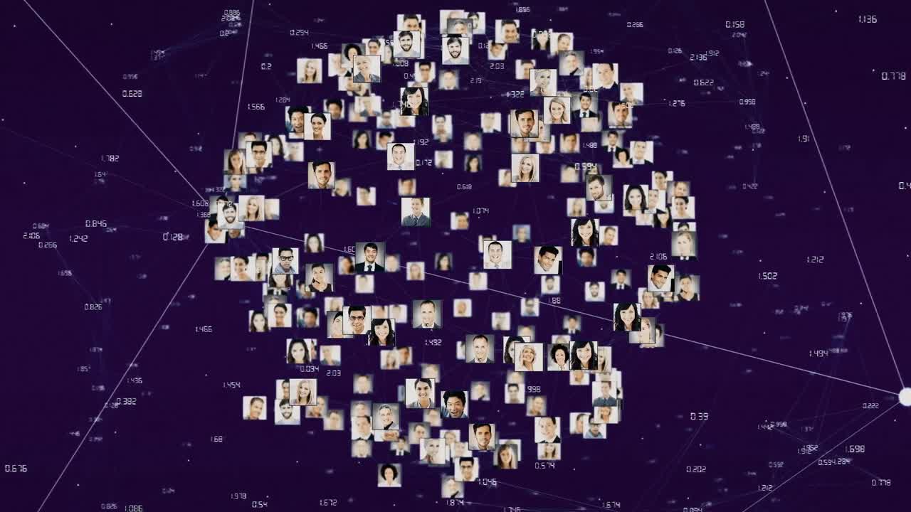 Animation of globe of profile icons spinning over network of connections against blue background