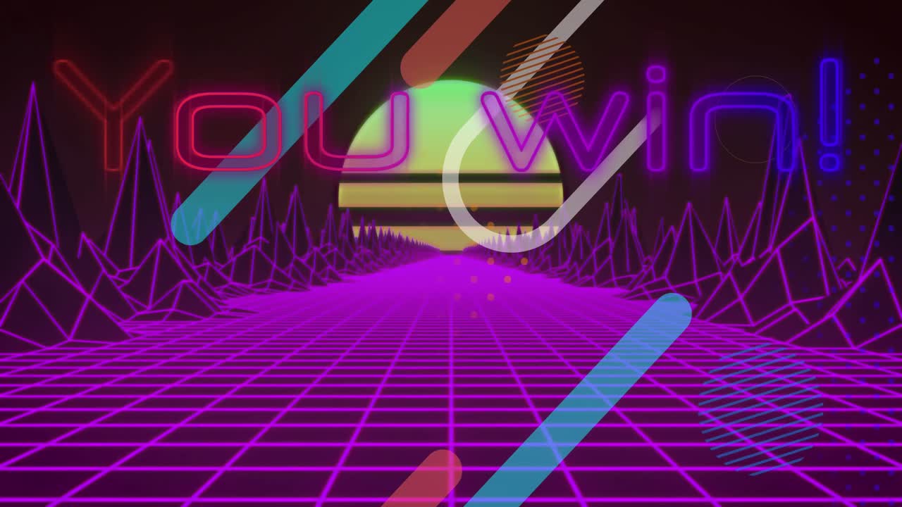 animación de usted ganar texto sobre una cuadrícula de colores con terreno digital