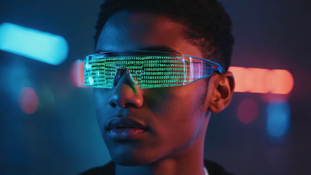 A person with futuristic glasses displaying binary code
