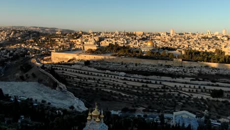 establishing drone shot over the kidron valey mout of olives garden of gathsemany aerial flight