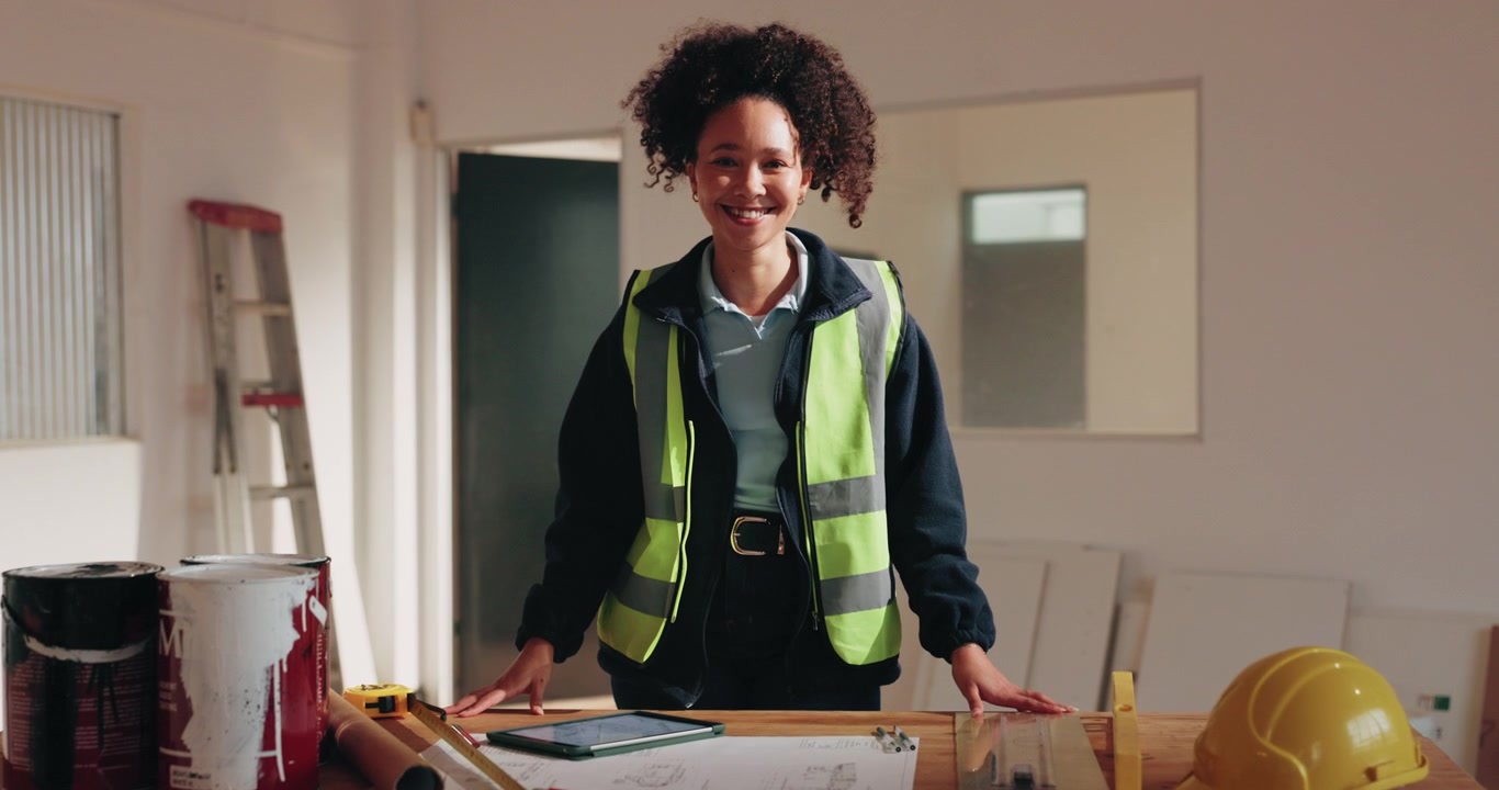Female Construction Manager Standing at Desk in Renovation Site