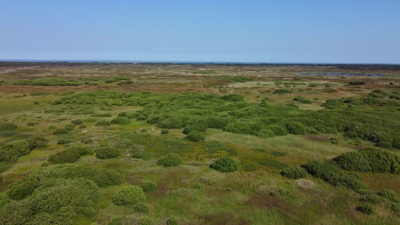 drone disparó panorámica a la izquierda sobre los campos de hierba verde en el campo de dinamarca
