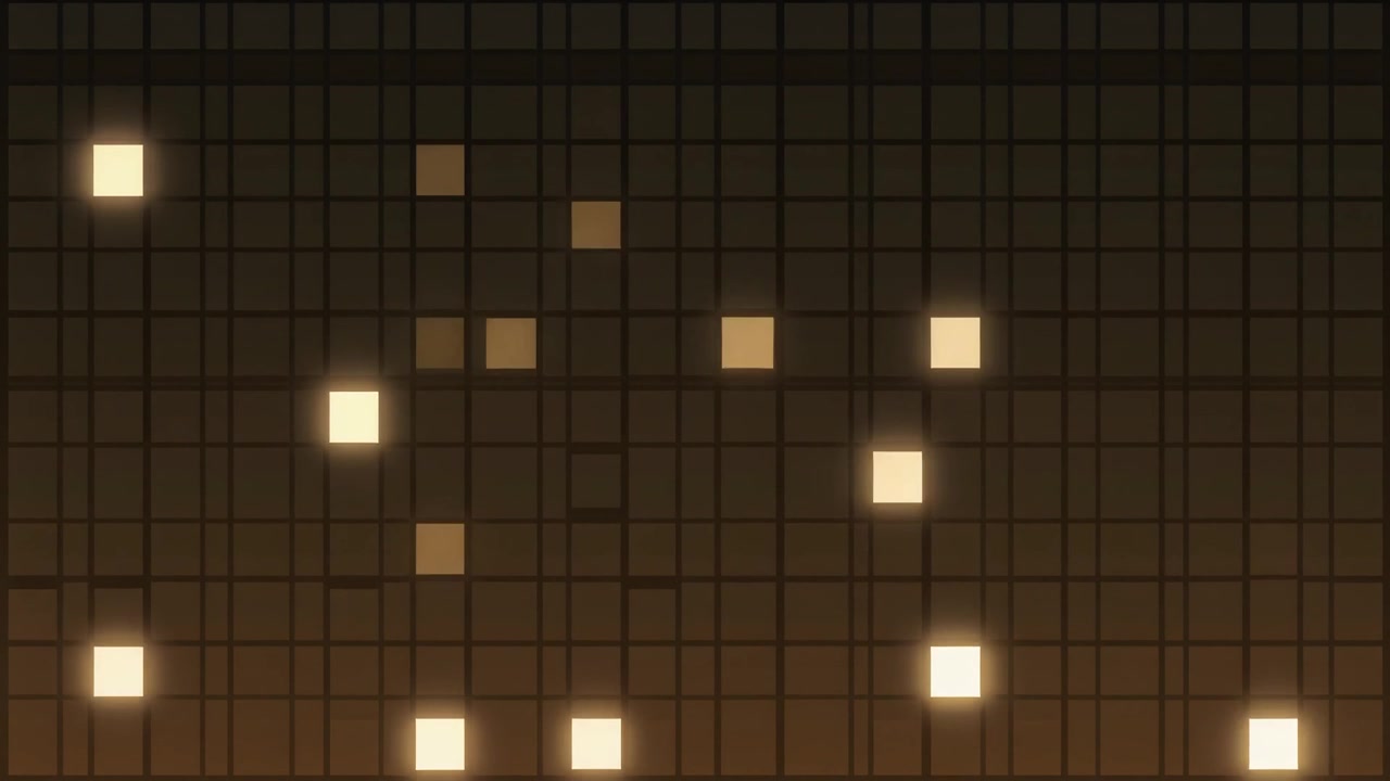 Abstract Background with Glowing Golden Squares on Dark Grid