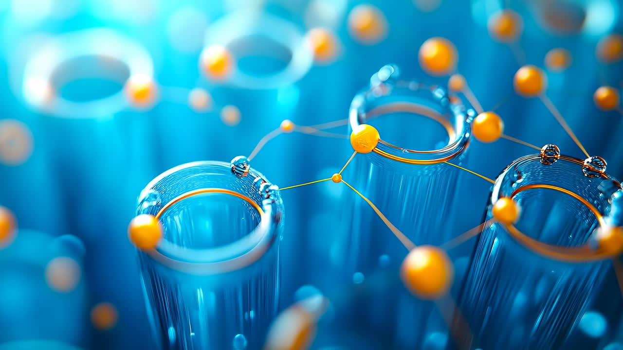 Close-up view of test tubes with connecting atoms and molecules in a science lab setting