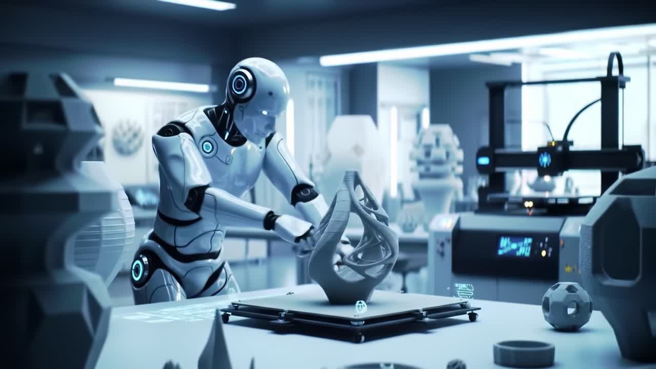 A humanoid robot manipulates a swirling sculpture using high-tech interfaces in a futuristic workshop.