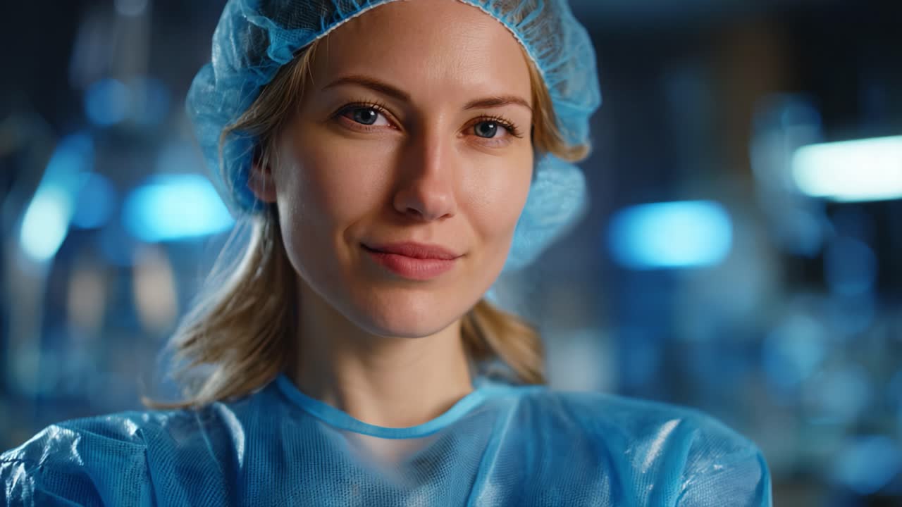 Odhodlaný zdravotnický pracovník v chirurgickém oděvu se sebevědomým pohledem upřeným do kamery v moderním klinickém prostředí plném sterilního modrého světla a vybavení