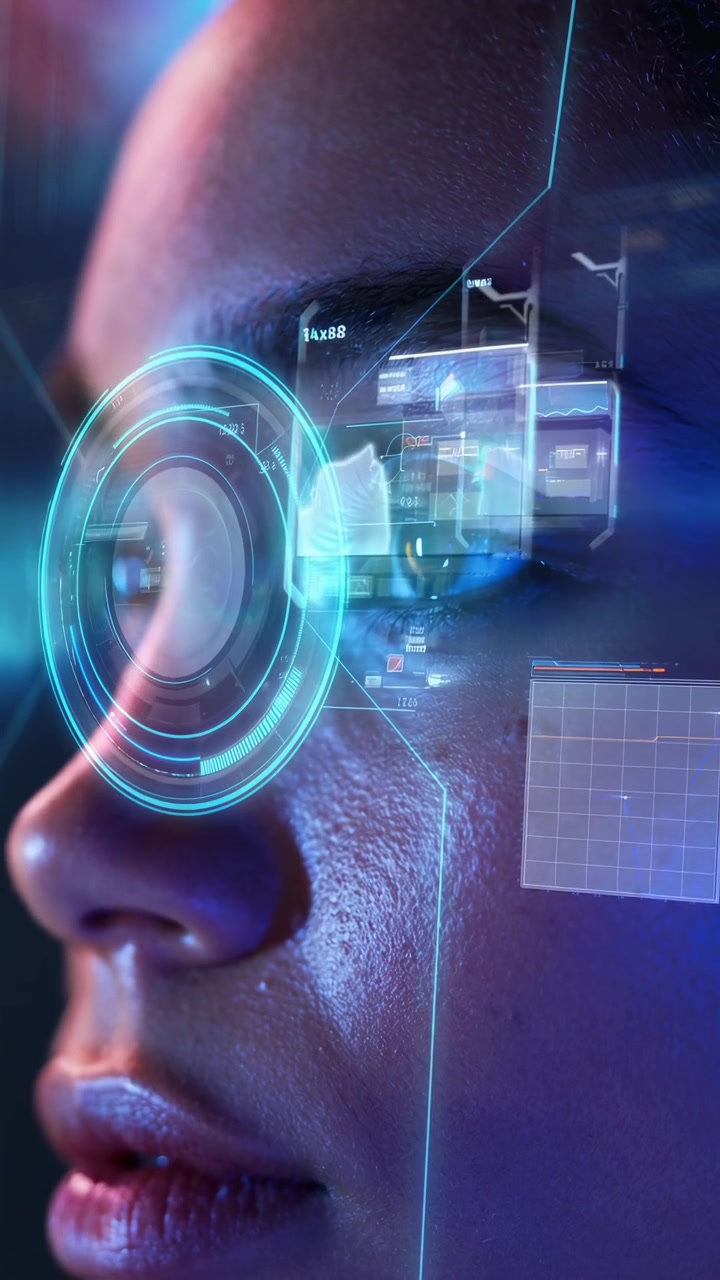 Close-up of Human Eye Interacting with Futuristic Augmented Reality Interface