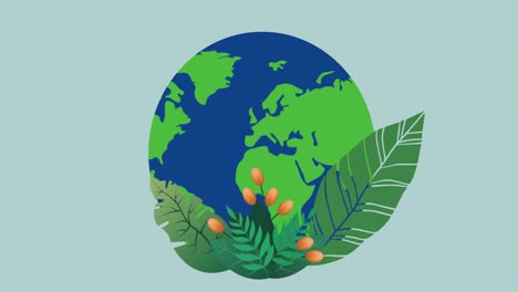 animation of globe with leaves and berries on blue background