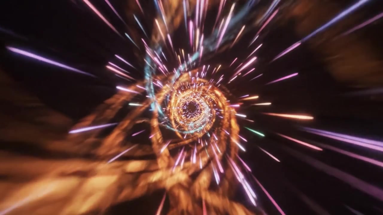Un viaggio affascinante attraverso un vivido tunnel di scie luminose colorate, che turbinano in schemi dinamici e creano un senso di velocità e profondità in un regno digitale.
