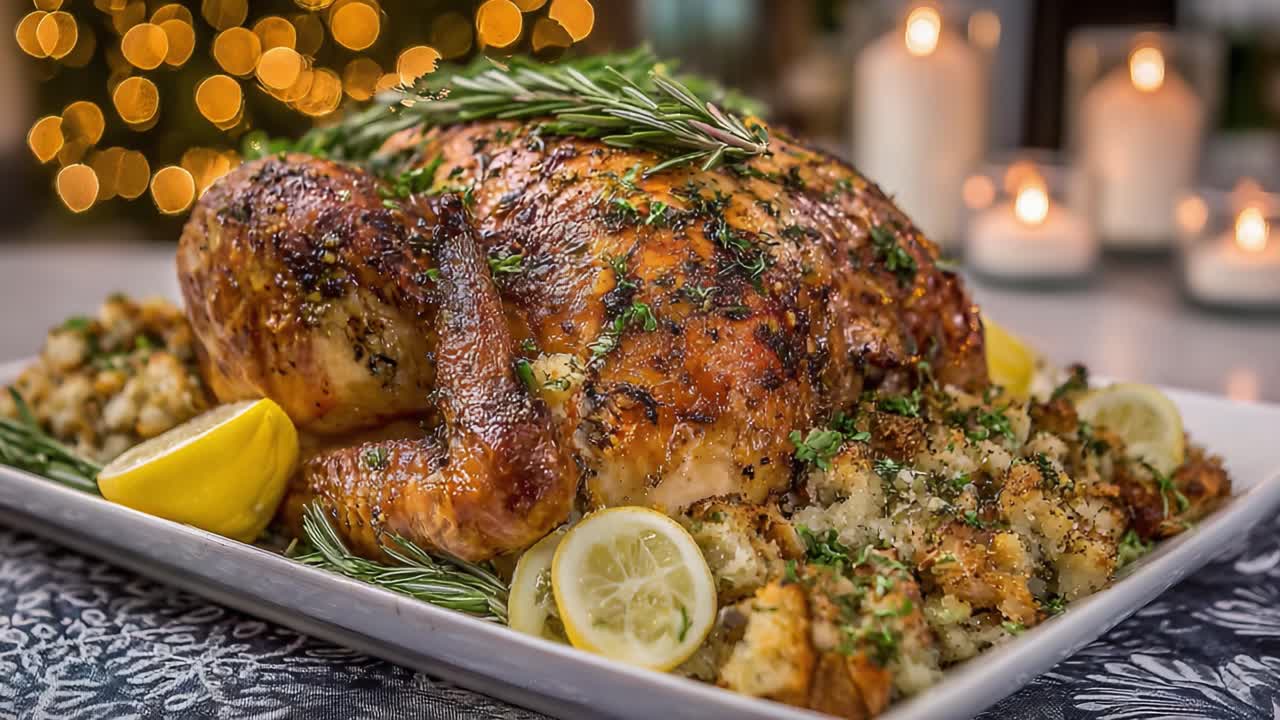 A beautifully roasted turkey adorned with fresh herbs and lemon, accompanied by savory stuffing, perfect for holiday celebrations and festive gatherings