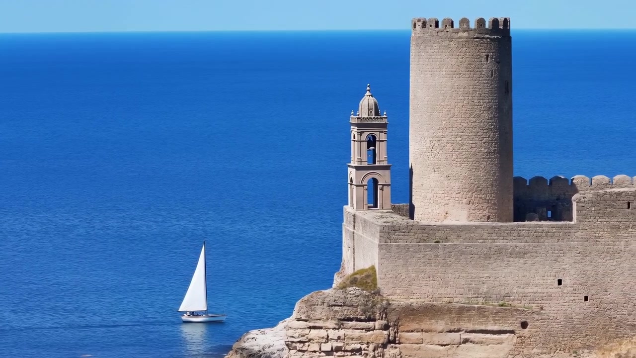 Una barca a vela bianca scivola su un mare calmo e blu intenso accanto a una storica torre di fortezza in pietra e un campanile ornato su un promontorio costiero roccioso sotto un cielo limpido di mezzogiorno con un sereno paesaggio marittimo