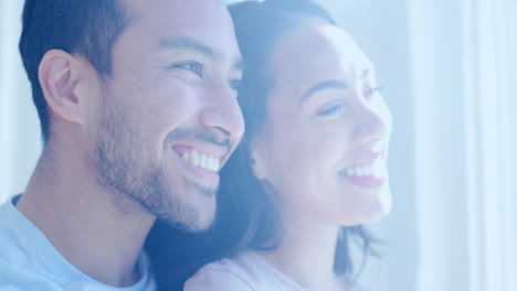 Face,-window-and-a-couple-laughing-in-the-bedroom