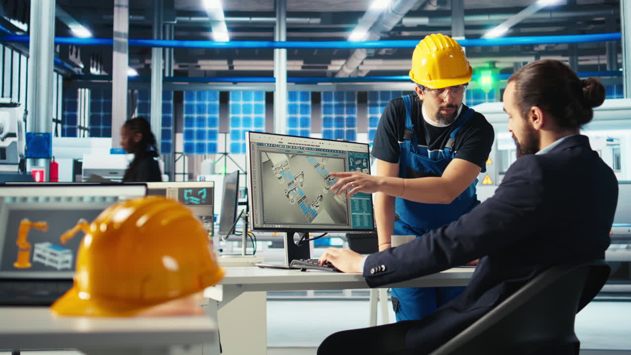 specialista che mostra al personale come ottimizzare l'approvvigionamento energetico dei pannelli solari