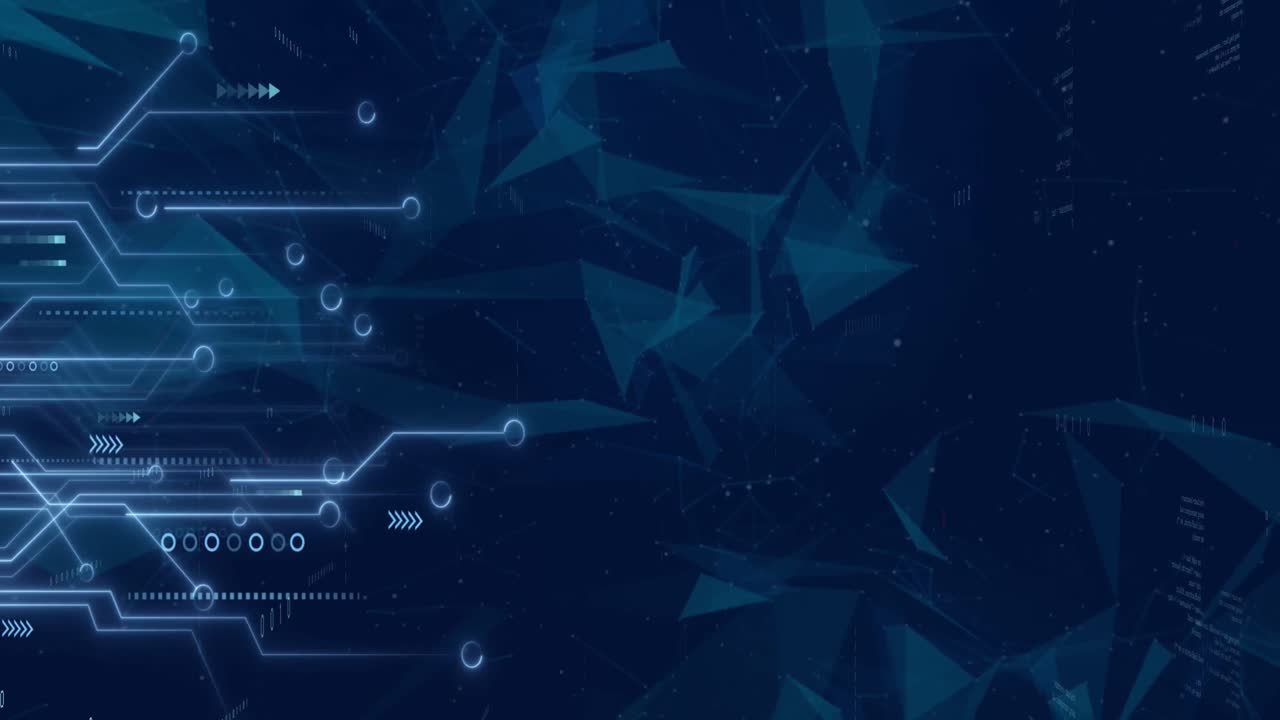 Animation of circuit board and data processing over dark background
