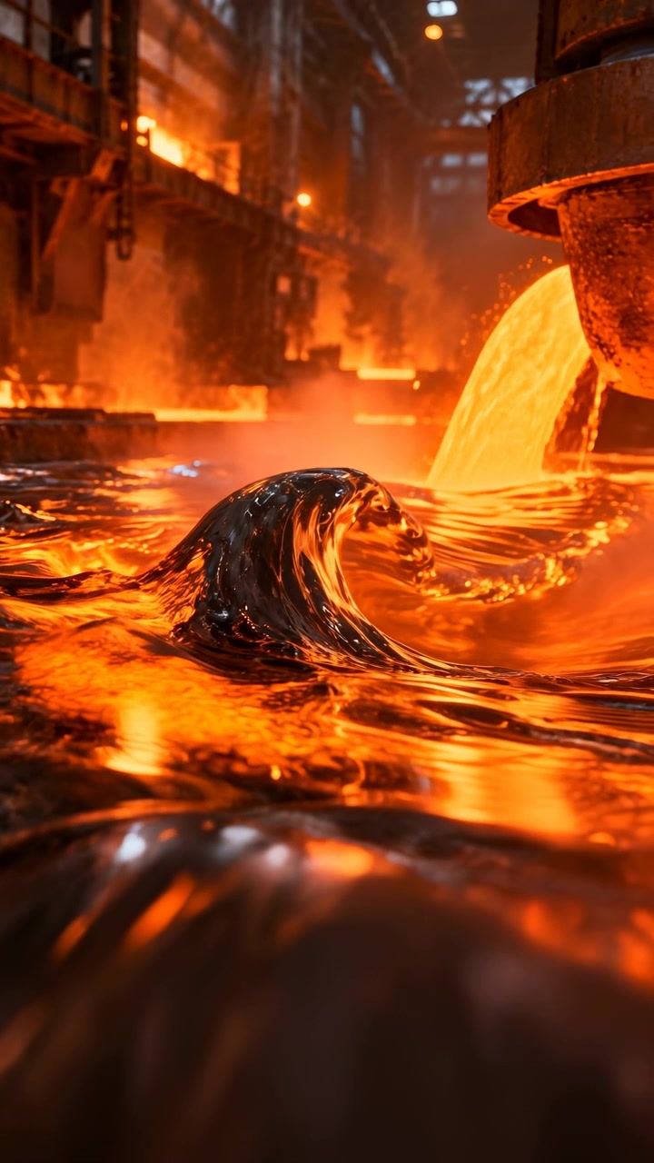 Bright liquid metal streams into a glowing pool while glossy ripples roll across the foreground, with sparks, rising vapor, and warm furnace light filling the foundry interior.