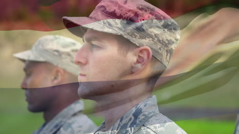 animation of flag of netherlands over diverse male soldiers