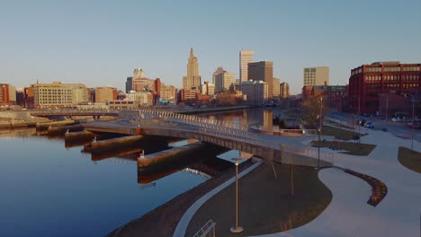 Excellent-Aerial-Shot-Of-Of-A-Bridge-Spanning-A-River-In-Pawtucket,-Rhode-Island