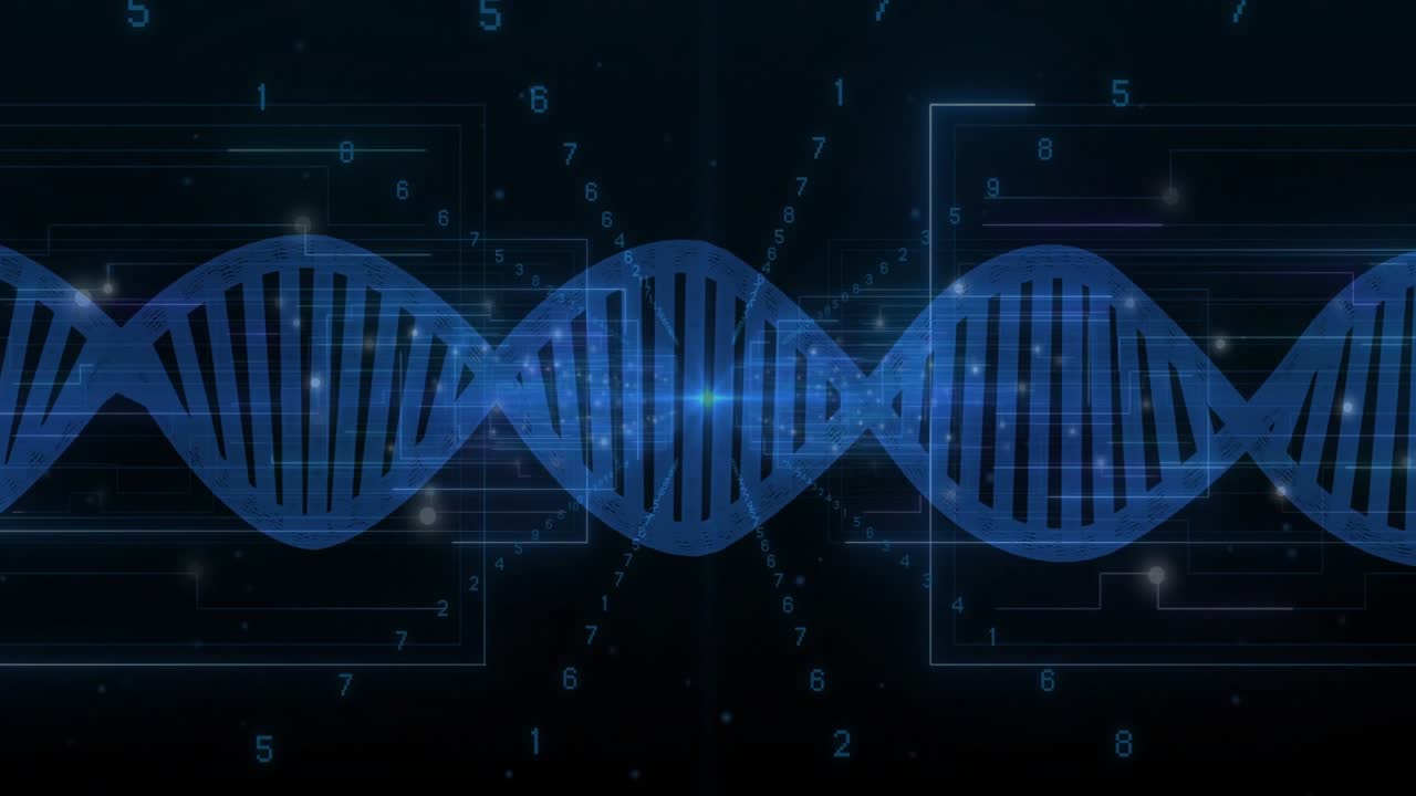 Blue helix glowing core node, pulsing and sending digits while lighting circuits, showing tech data