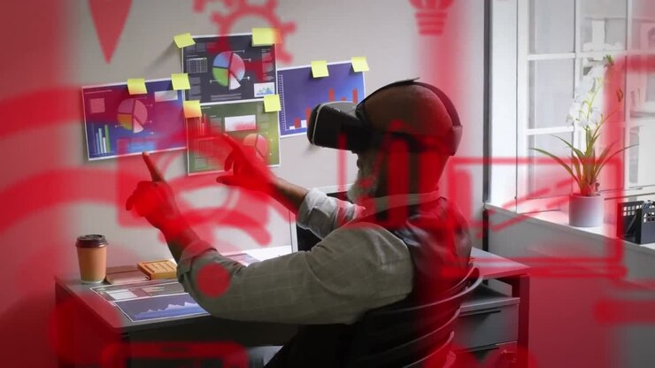 Animation of social media icons over african american man wearing vr headset