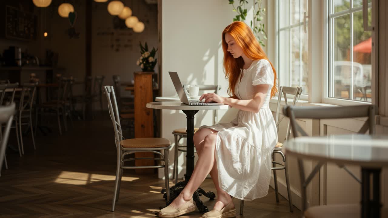 In a cozy cafe filled with natural light, a young woman with long red hair sits at a small table. Dressed in a white dress, she is focused on her laptop, typing away with a glass of water beside her. The space exudes a warm ambiance, complemented by soft lighting and decorative plants, creating an i