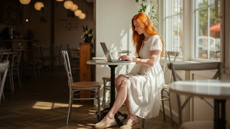 in a cozy cafe filled with natural light, a young woman with long red hair sits at a small table. dressed in a white dress, she is focused on her laptop, typing away with a glass of water beside her. the space exudes a warm ambiance, complemented by soft lighting and decorative plants, creating an i