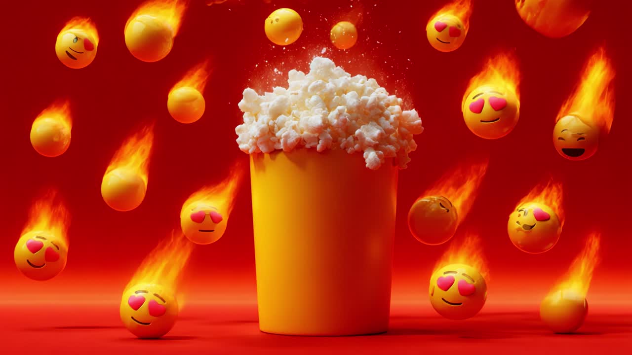 A Vibrant Burst of Emotive Popcorn and Fiery Emojis: A Whimsical Display of Cheerful Expressions and Delicious Snack Moments Captured in a Colorful Scene