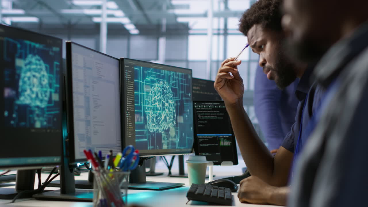 Team of programmers working on complex software projects in a modern office setting.