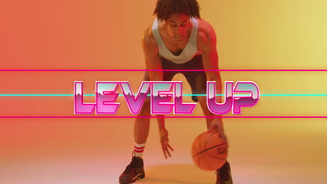 animation of level up text and neon lines over basketball player on neon background