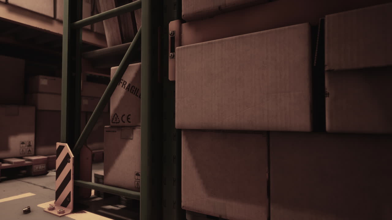 interior de almacén oscuro y débilmente iluminado con cajas de cartón apiladas
