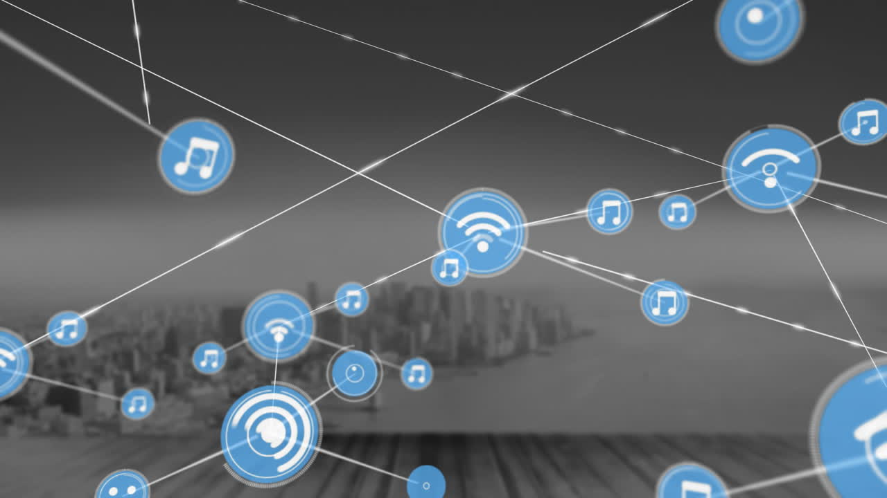 Music and wireless network icons animation over cityscape background